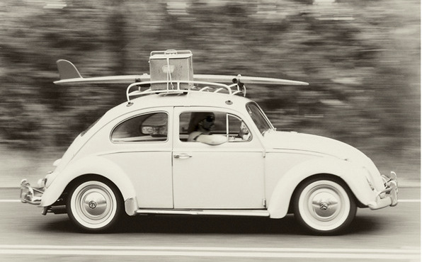 Surf, Surfer VW with Longboard and Esky on roof racks super cool black and white photo. availableon tshirt and vanlife products